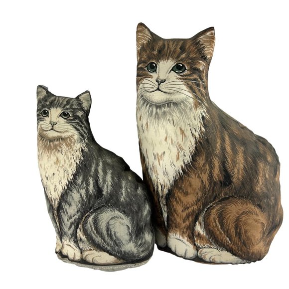 Vintage Set of 2 Tabby Cat Shaped Pillows Mother Kitten Plush 13" Brown 10" Grey - Picture 8 of 8